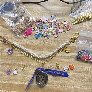**Upcycled**Pearl Chain Bag Charm with custom charms and initials!!